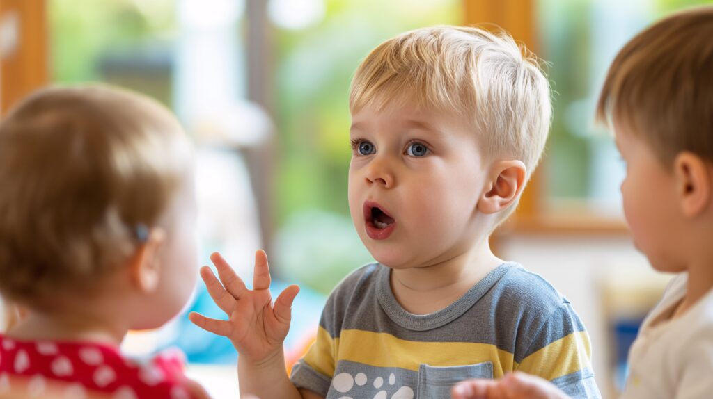 Young child practicing communication during a speech and language activity
