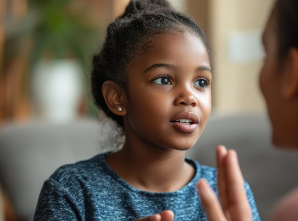 Child practicing hand signs with an adult